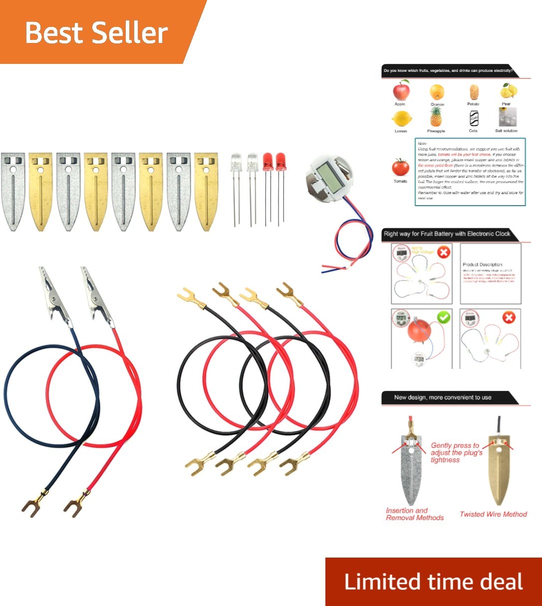 Fruit Battery Science Experiment Kit: DIY Educational Fun with RGB LED & Clock