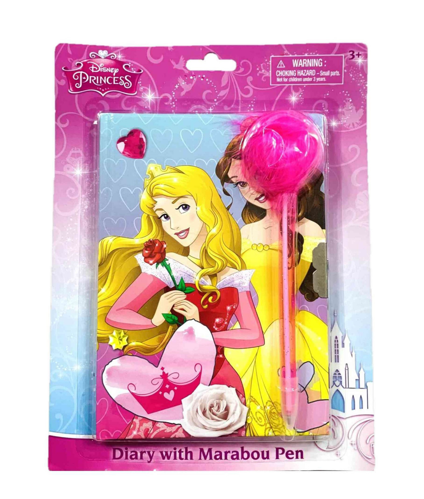 Disney Princess Diary with Marabou Pen ~ Aurora and Belle Among Hearts (5″ x 7″)