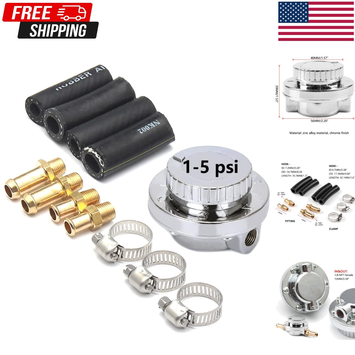 1-5 PSI Fuel Pressure Regulator Adjustable Manual Universal for Carburetor Carb