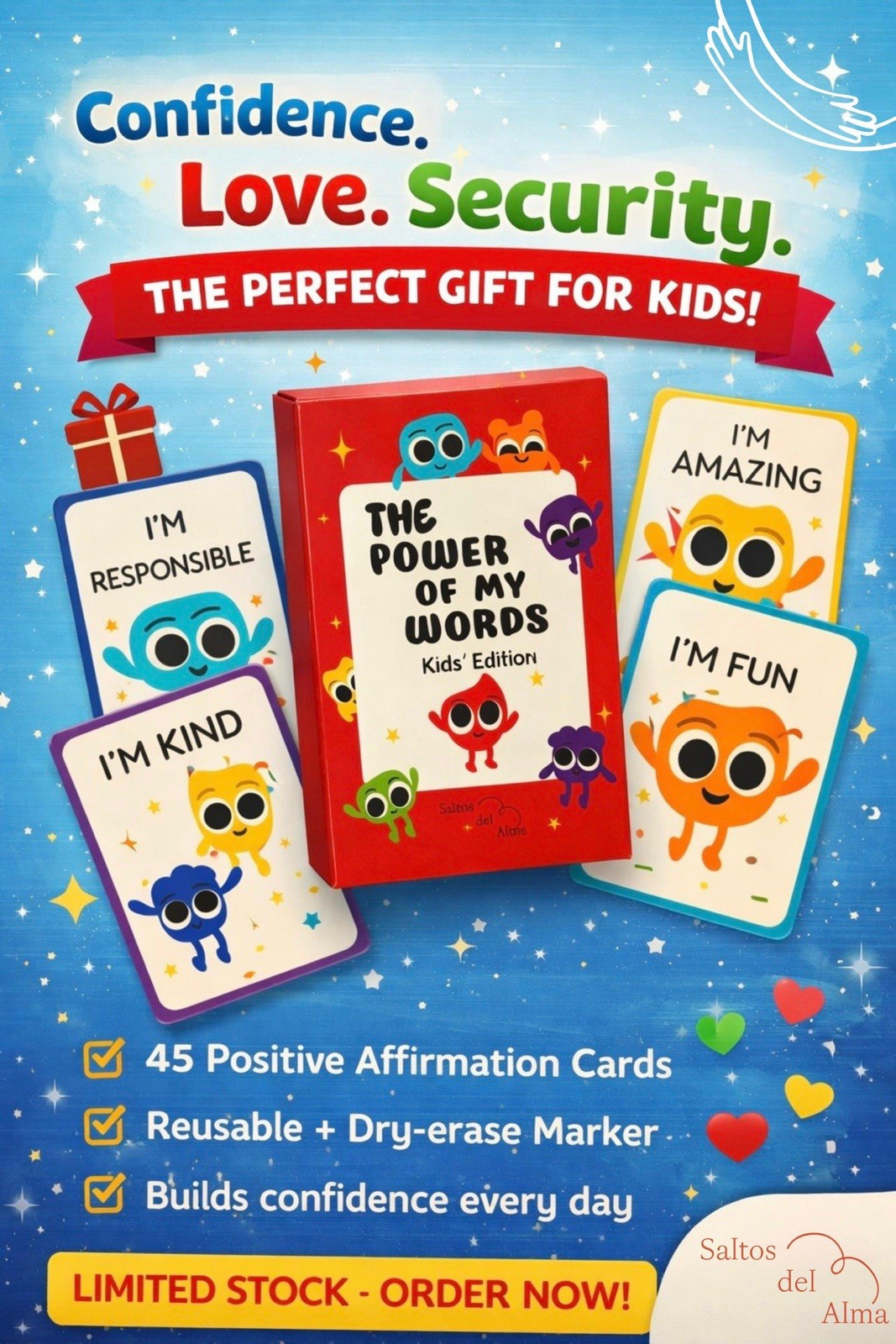 Kids’ Positive Affirmation Cards Set, 45 Reusable Cards