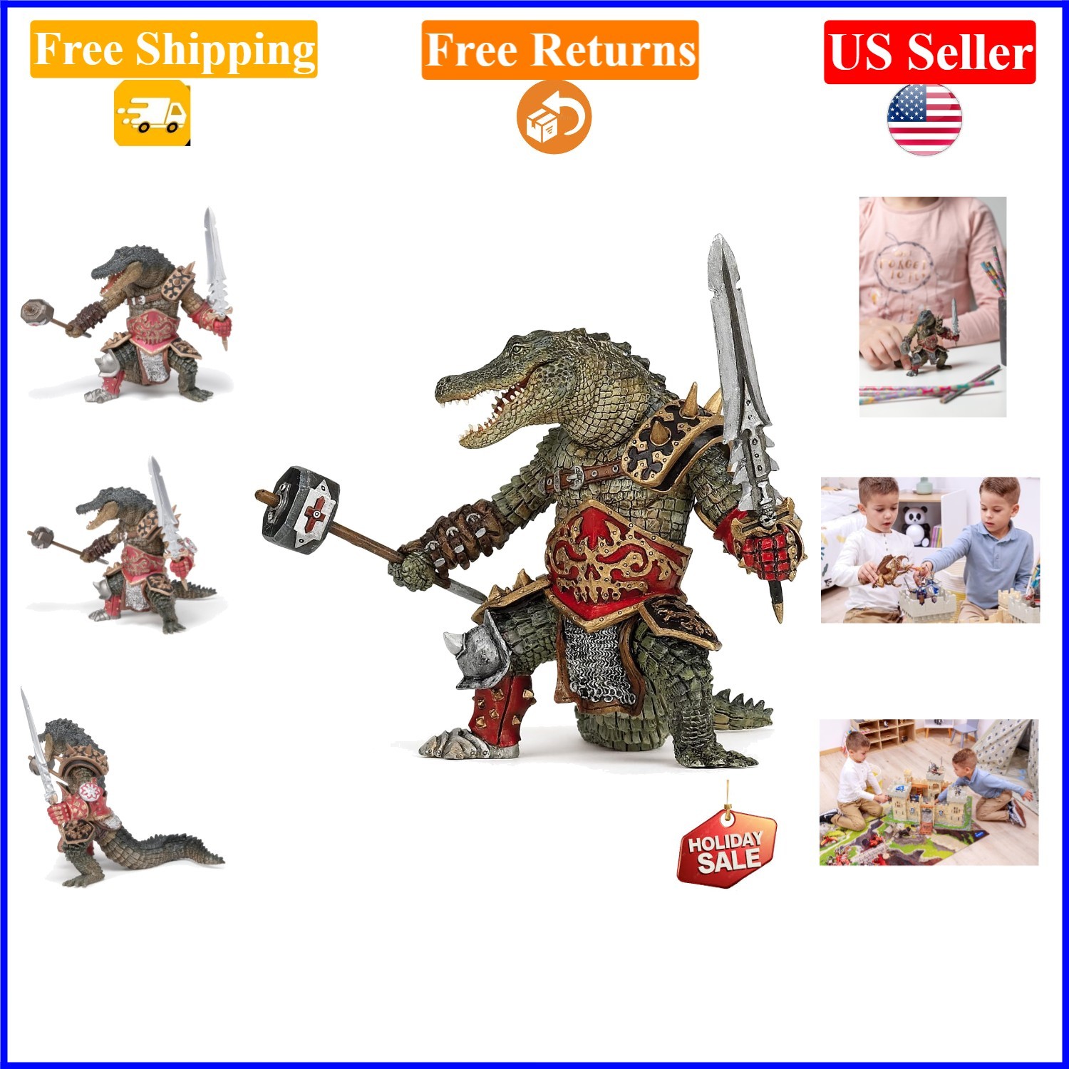 Fantasy Mutant Crocodile Toy Figure 15cm with Weapons, Hand-Painted for Ages 3+