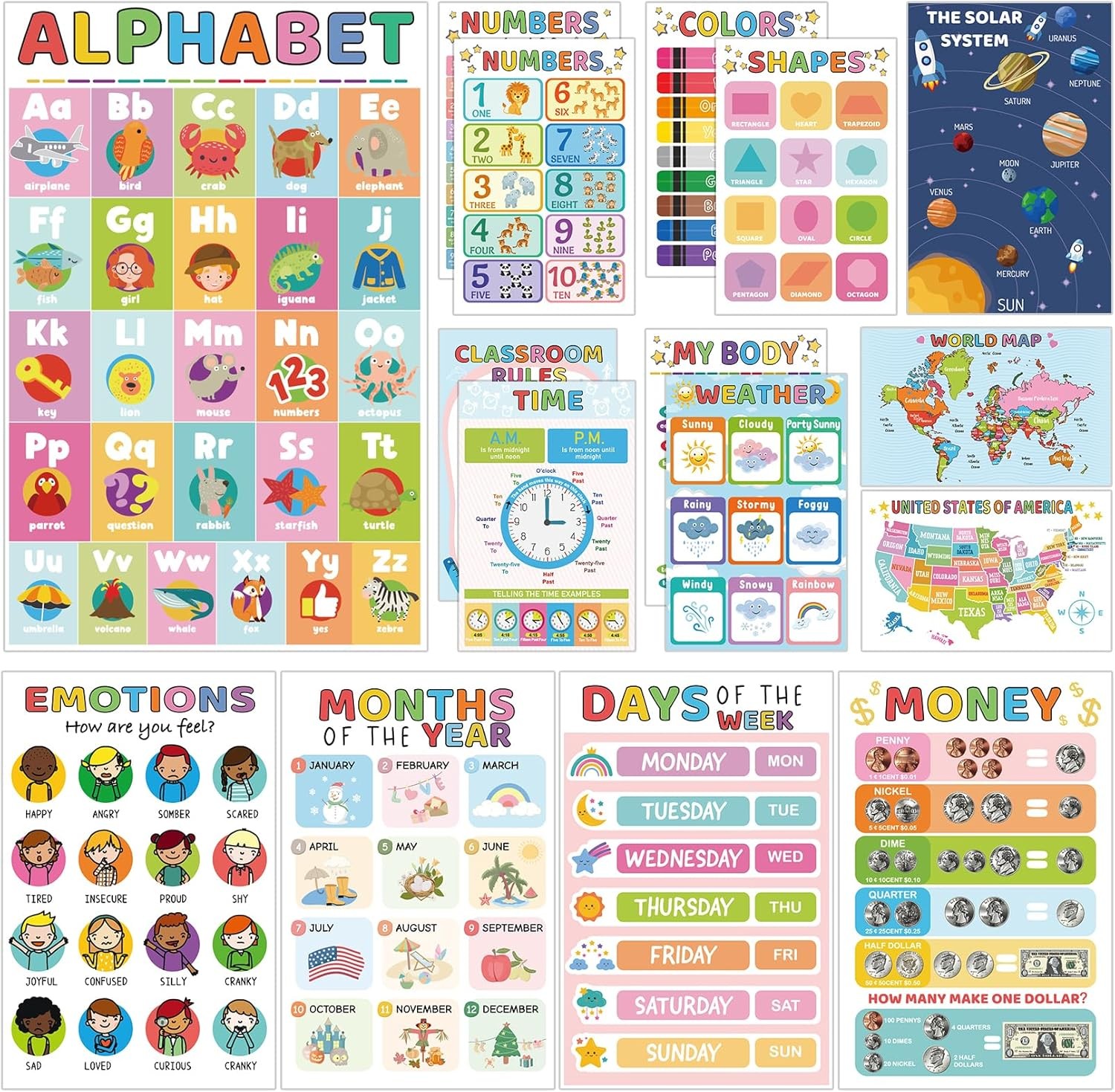 16 Educational Posters for Toddlers, Laminated Classroom Learning Posters, Kinde