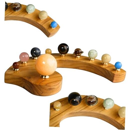 Handcrafted Solar System Planetarium Model with Gemstone Planets & Wooden