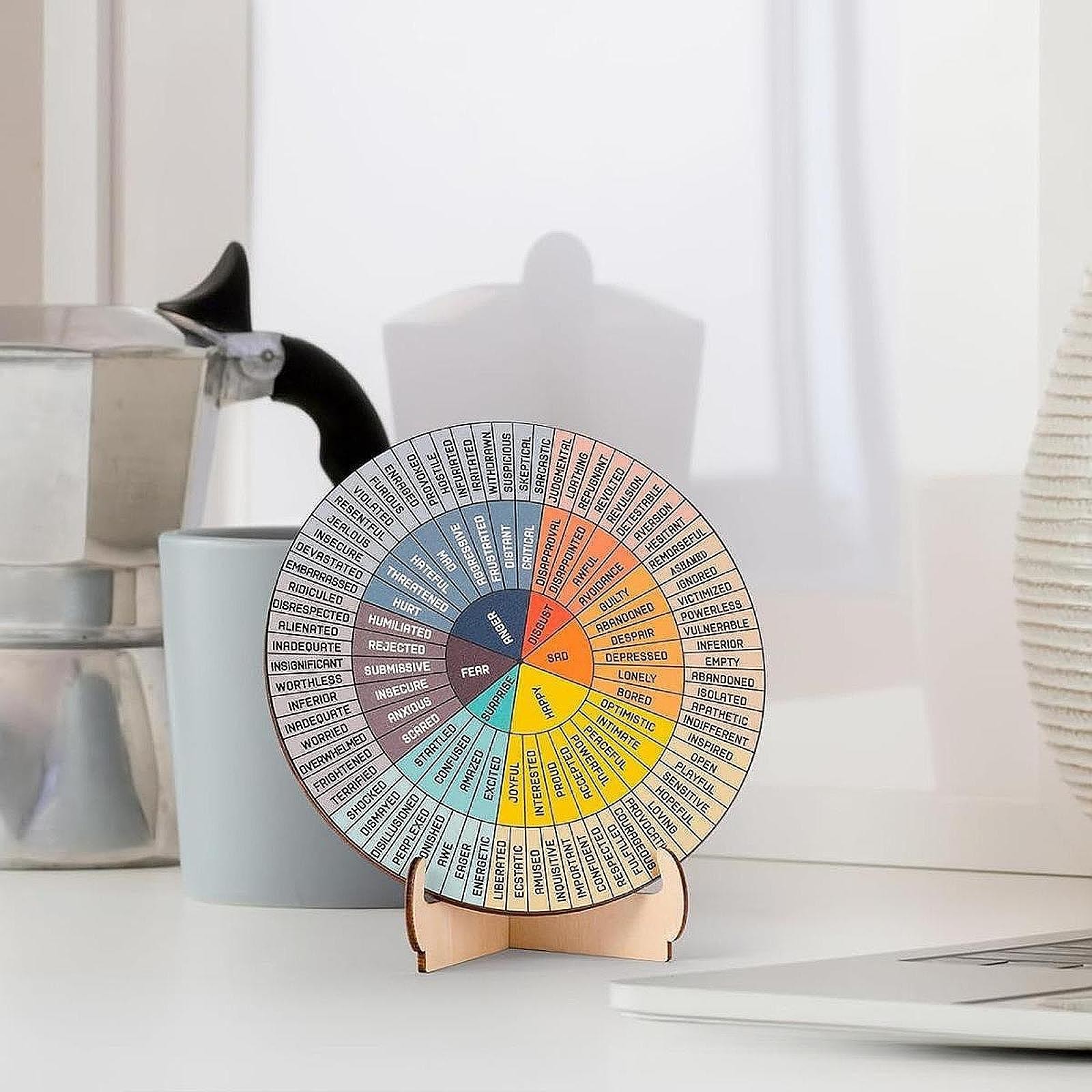 Feelings Wheel with Stand Feelings Psychology Decor Wooden Mood Wheel Therapist