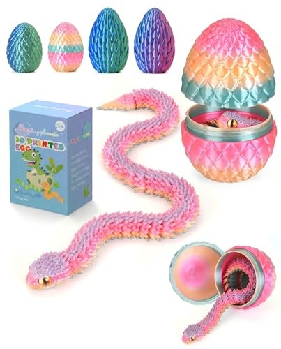 3D Printed Snake in Egg – Easter Basket Stuffer: Poseable Crystal Rainbow Snake