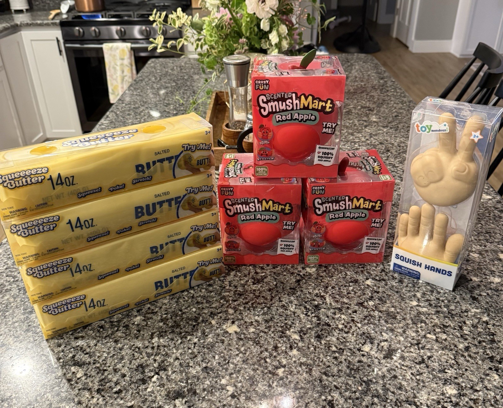 Crazy Fun & Toymendous Squishy Toy Lot Squeezeeze Butter, Red Apple, Hands