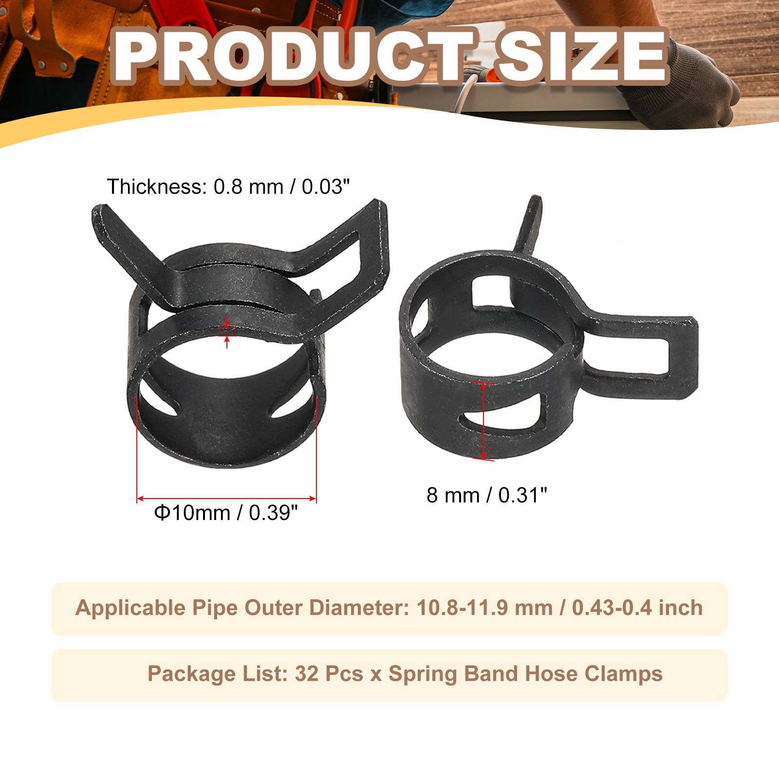 32 Pcs Spring Band Hose Clamps for 10.8-11.9mm OD 0.4″(10mm) ID Black