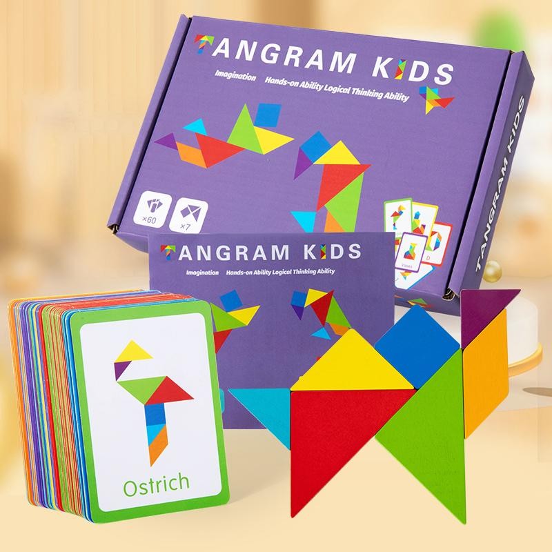 Wooden Tangram Puzzle Montessori Educational Shape Matching Board Game Kids Toy