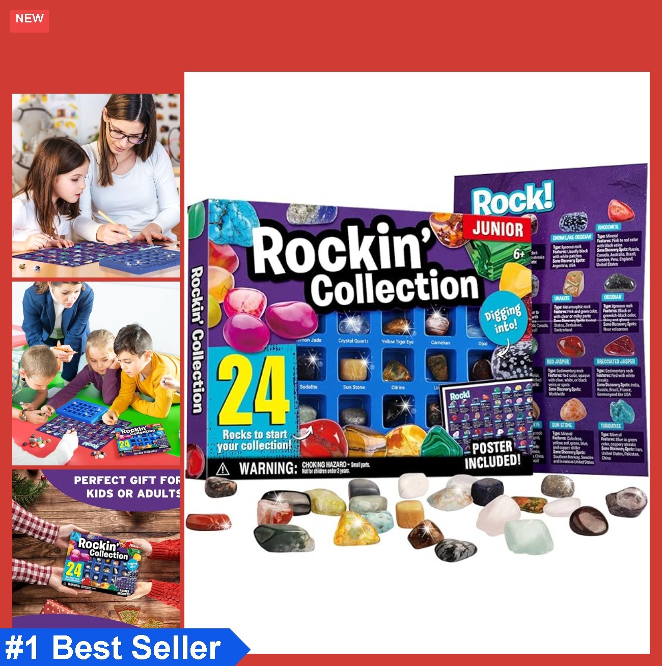 Rock Collection 24 Pcs Gemstones for Kids Geology Kit with Tiger’s Eye Rose