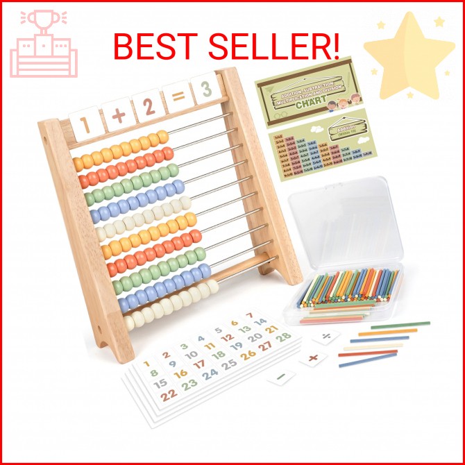 Abacus for Kids Math – Wooden Abacus with 100 Counting Sticks and 112 Math Cards