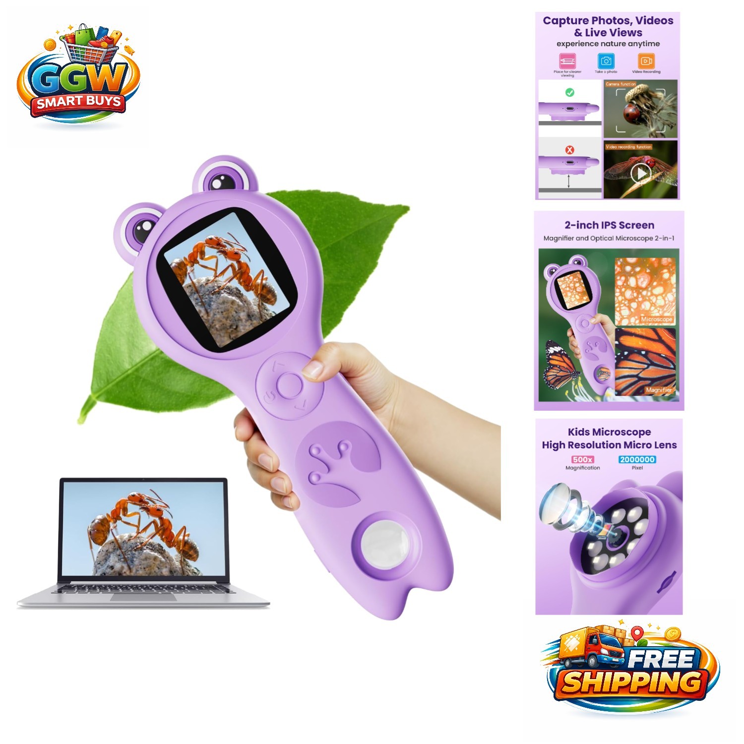 Kids’ Mini Digital Microscope – 500X Magnification with Adjustable LED Lights