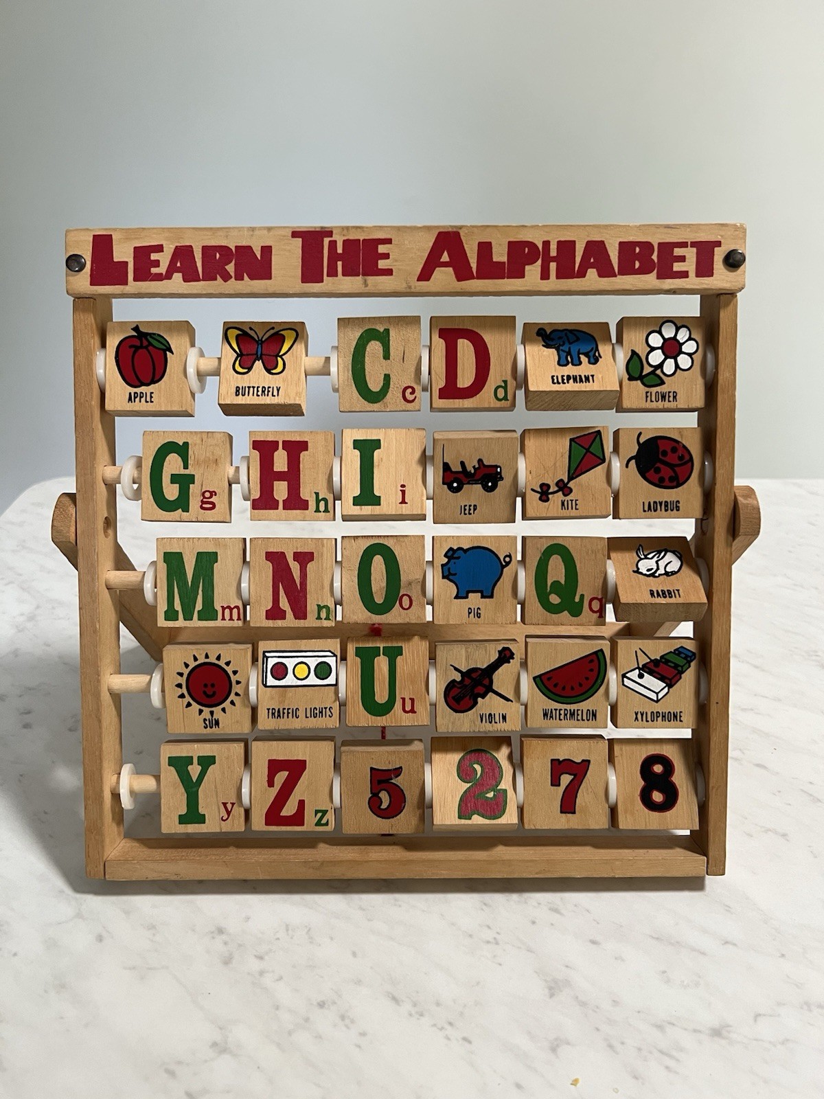 Vintage Wood Learn The Alphabet, Abacus Style Folding Educational Flip Toy