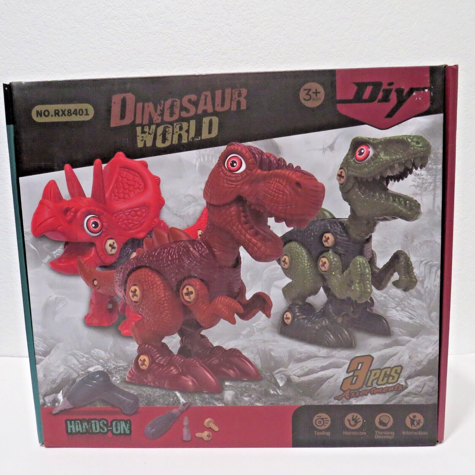 DIY Dinosaur World 3 Dino Assembly Set T-Rex, Velociraptor, & Triceratops Toys