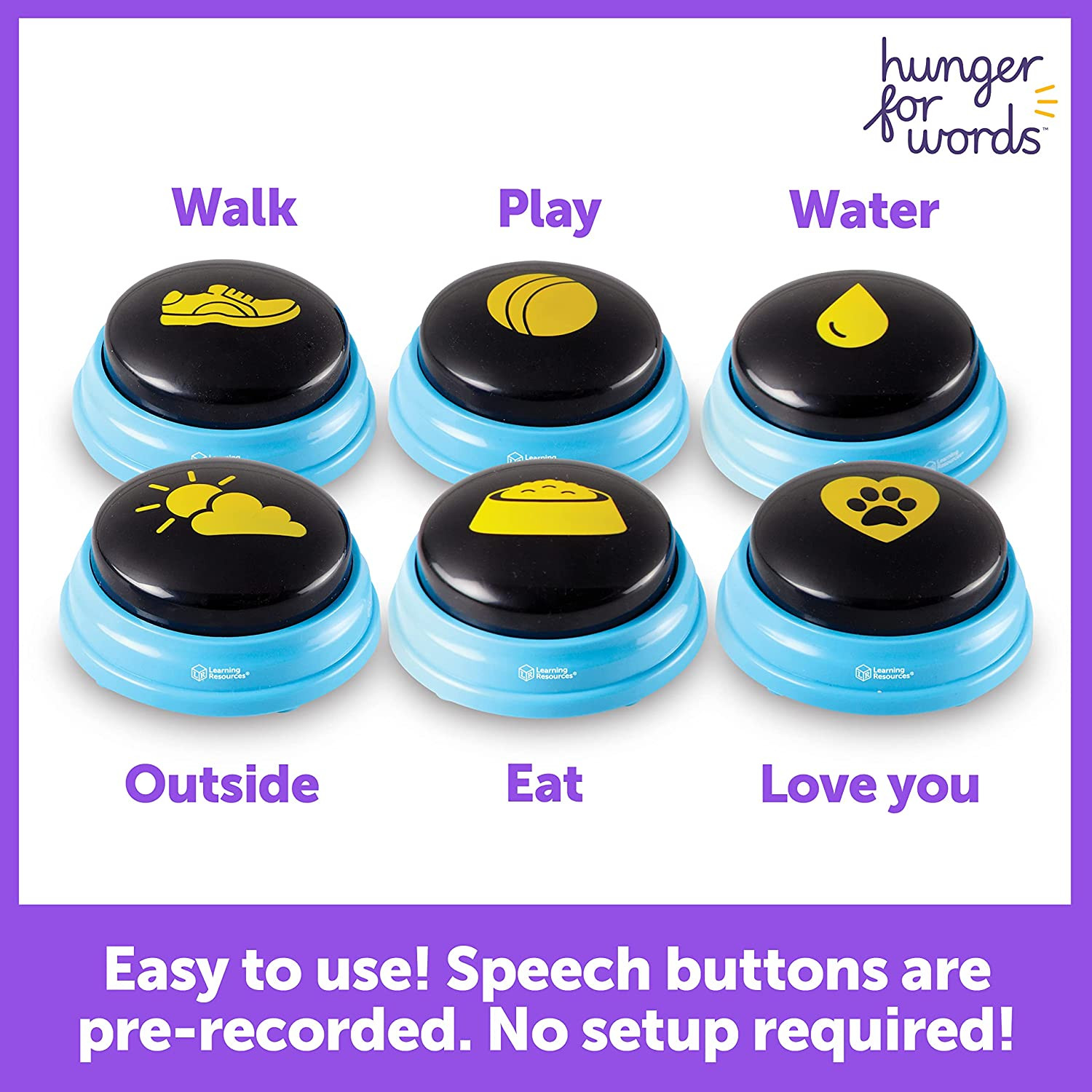Talking Pet Essential Words – 6 Piece Set Pre-Recorded Speech Buttons for Dogs,