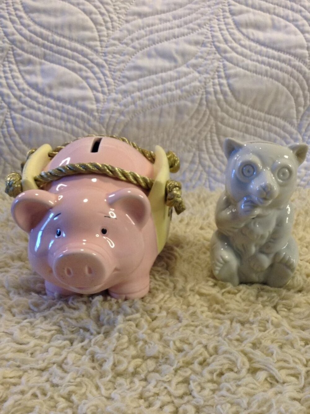 VTG 2001 Ceramic Coin Banks Pig/Racoon Kidcore Start Saving Ceramic Nostalgic