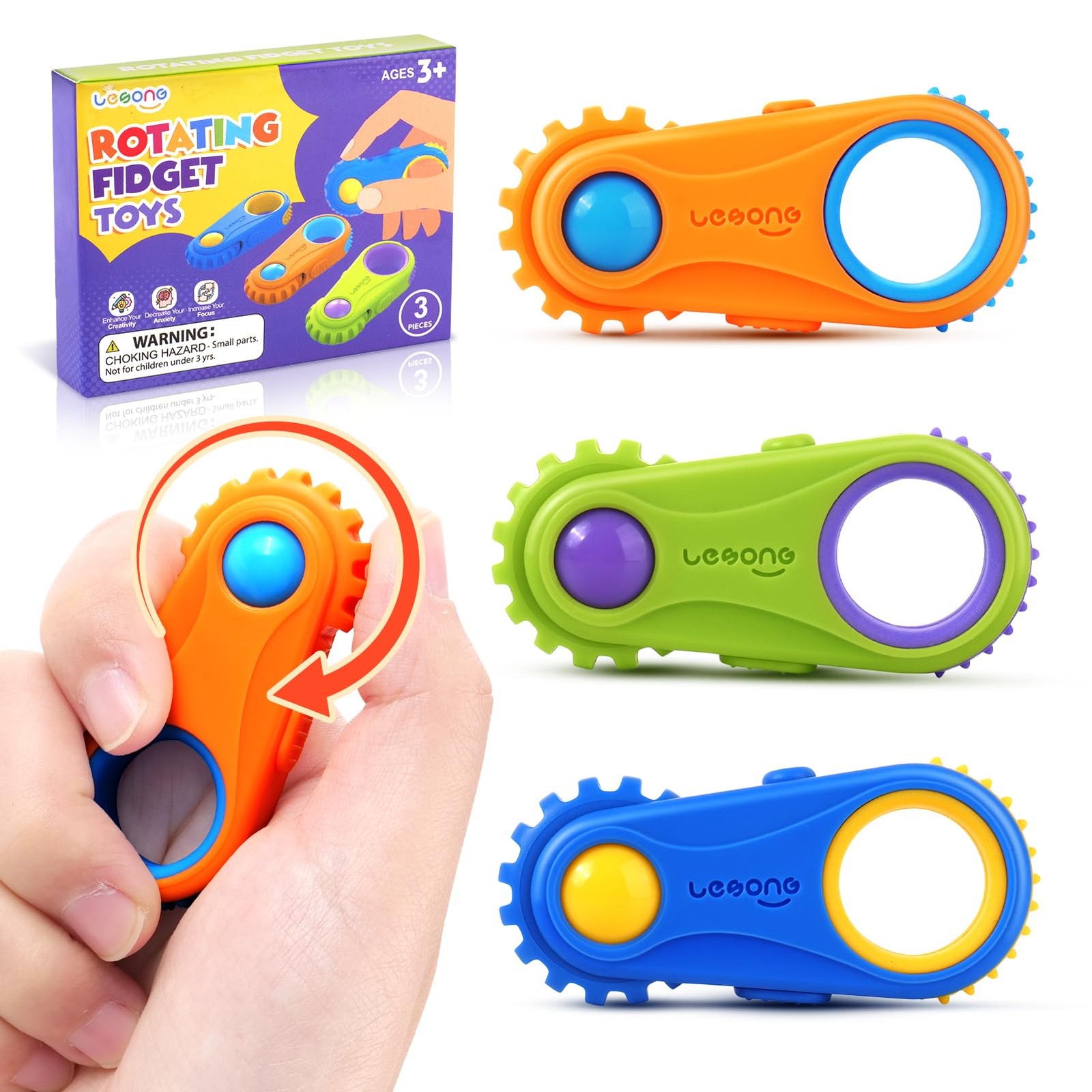 LESONG Fidget Toys Finger for Kids: 3 Pack Small, Orange, Green, Blue