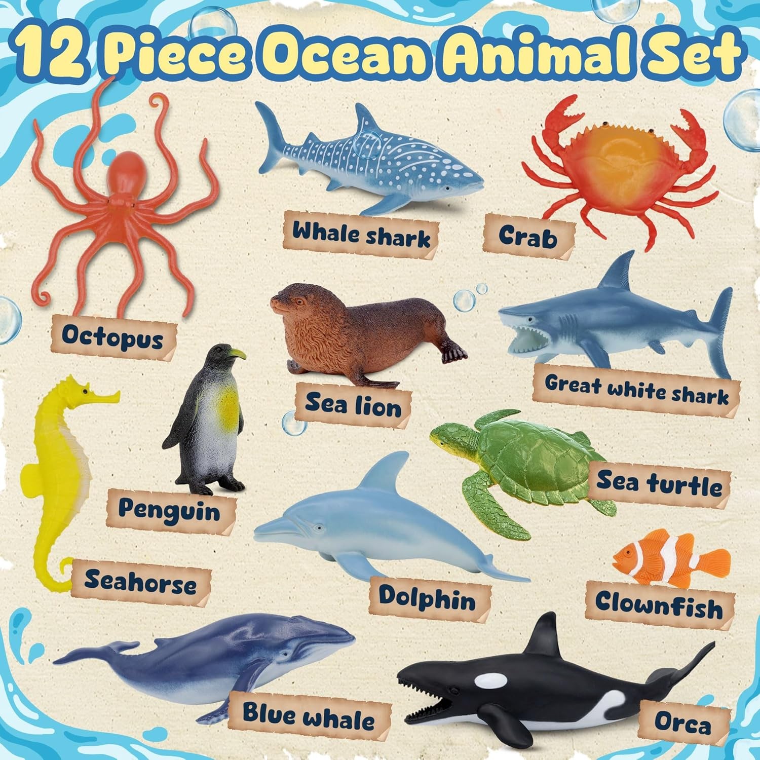 Ocean Sea Life Toy Figures Set for Kids, 12 PCS Realistic Marine Animals with Sh