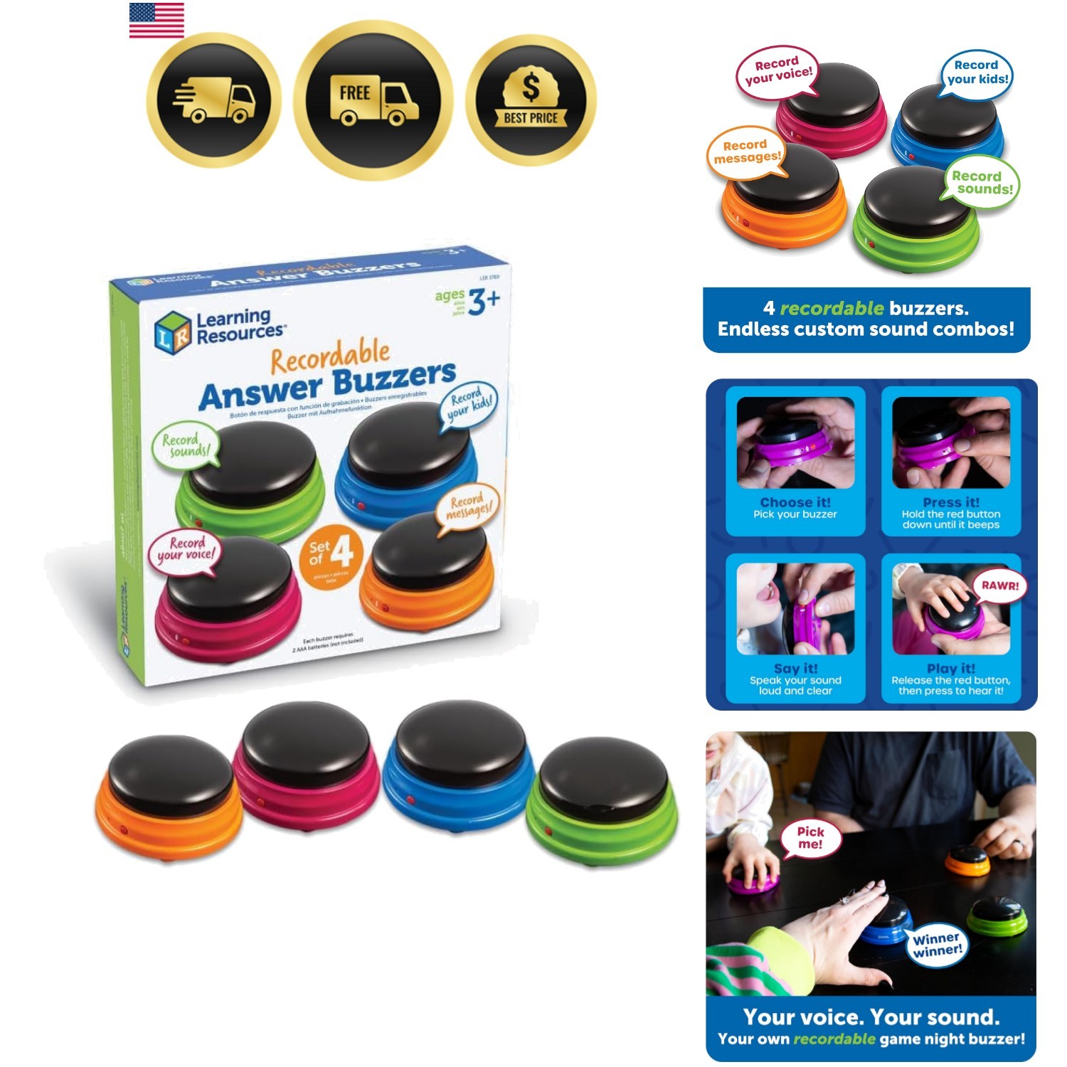 Recordable Answer Buzzers Classroom Supplies Kids Toys Sound Effect Buttons
