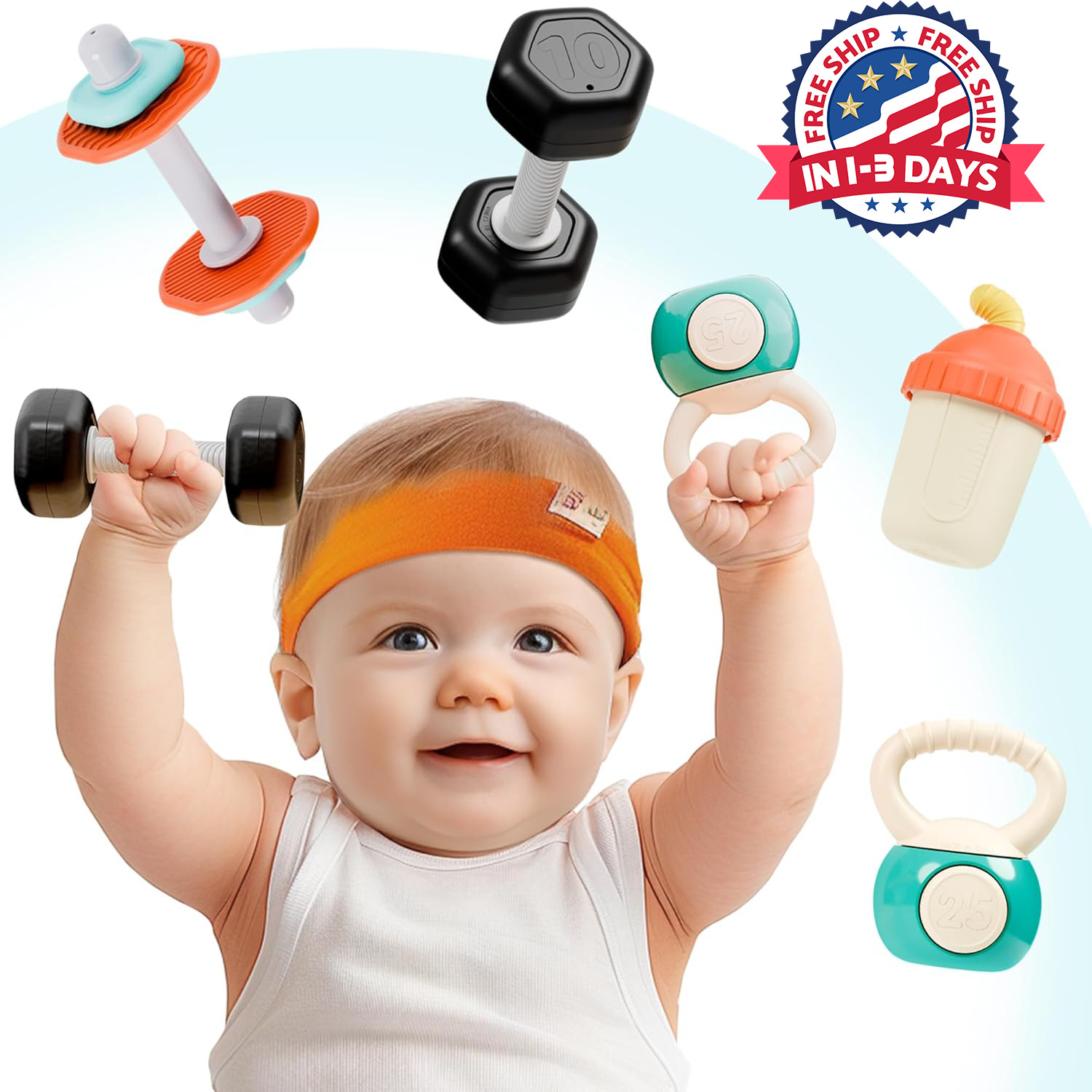 Pesas con mancuernas para bebés y sonajeros para la dentición de 3, 6 y 12 meses