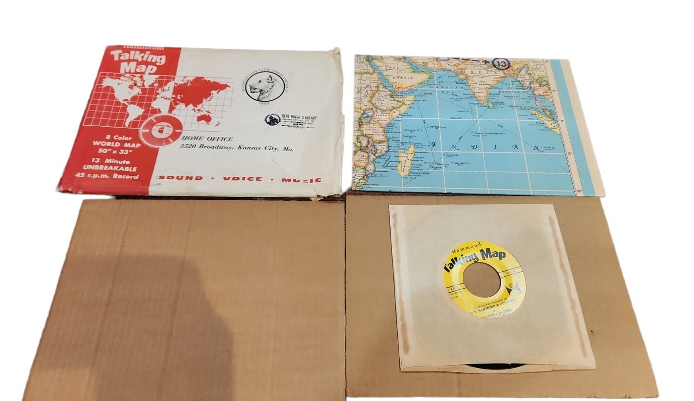 50″ x 33″ Hammond Talking Map w/ 13 Minute 45 rpm Vinyl Educational Record