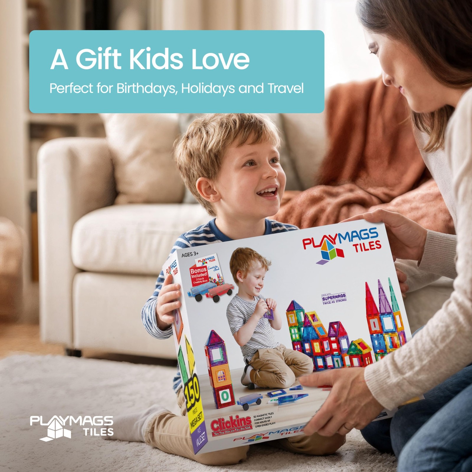 Playmags Magnetic Tiles for Kids 150-Piece Set, 2. Multicolor
