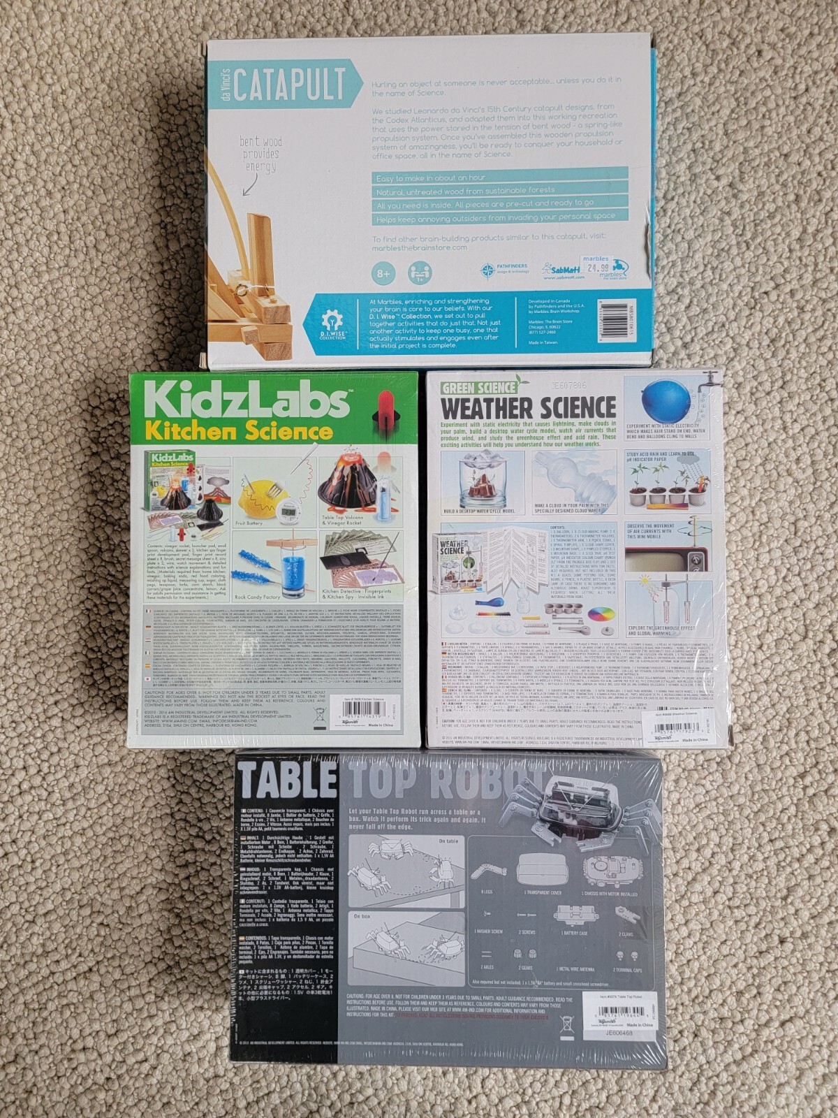Lot of 4 Science Kits, Tin Can Robot, Weather Sci, Kitchen Sci, Catapult 4M
