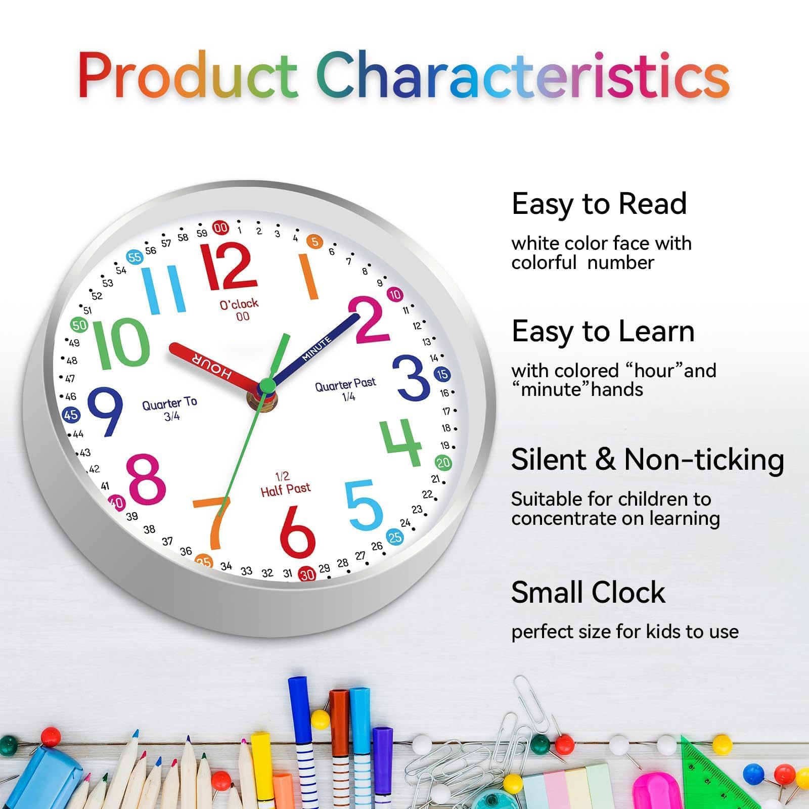 Teaching Clock For , Easy Time Telling, 8 Inch, Classroom, Silver