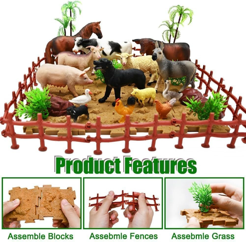 Farm Animal Figurines Playset 53 Pcs Plastic Toys Fences Blocks Kids