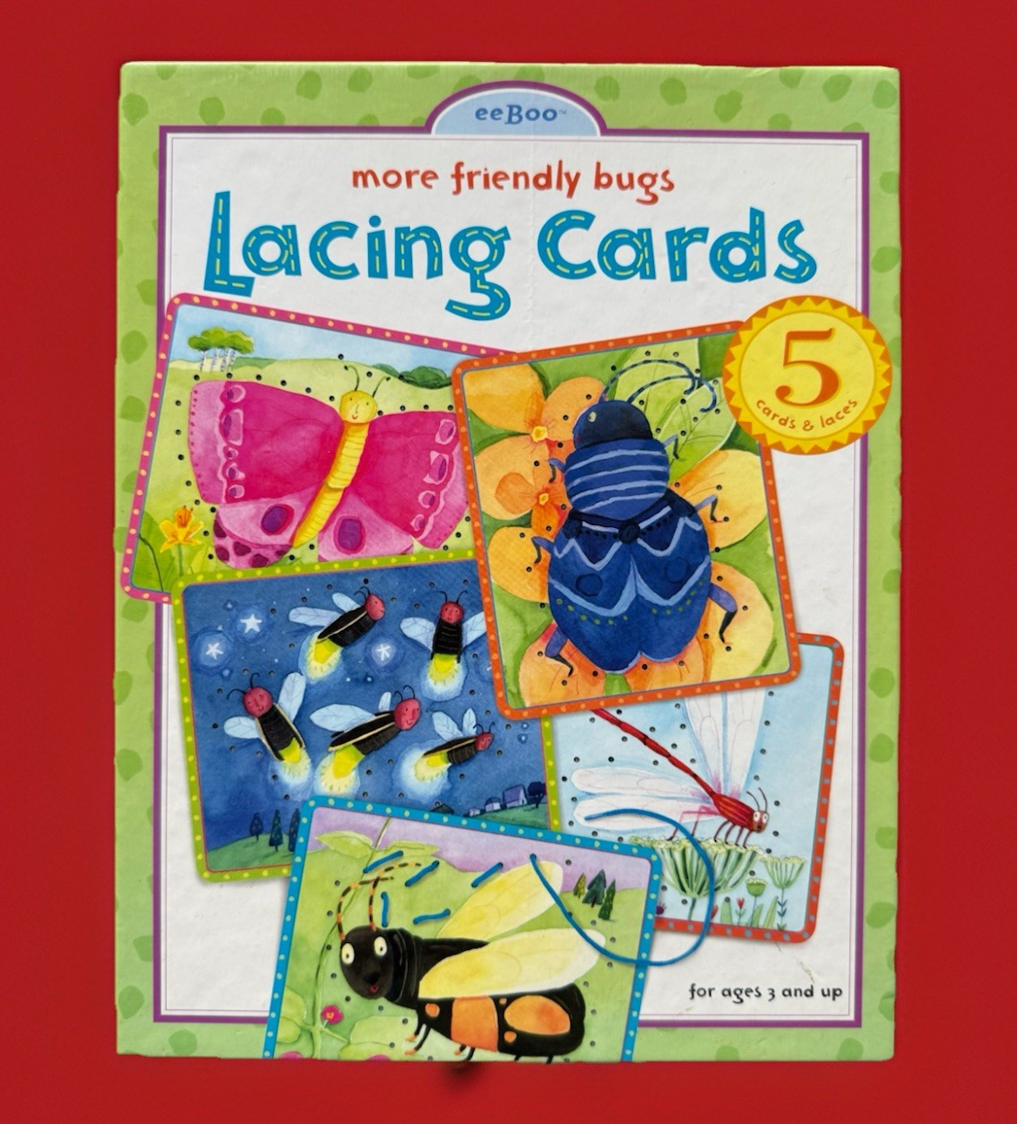 EeBoo Lacing Cards Set Of 5 “More Friendly Bugs” Ages 5 & Up, 4 Colored Laces
