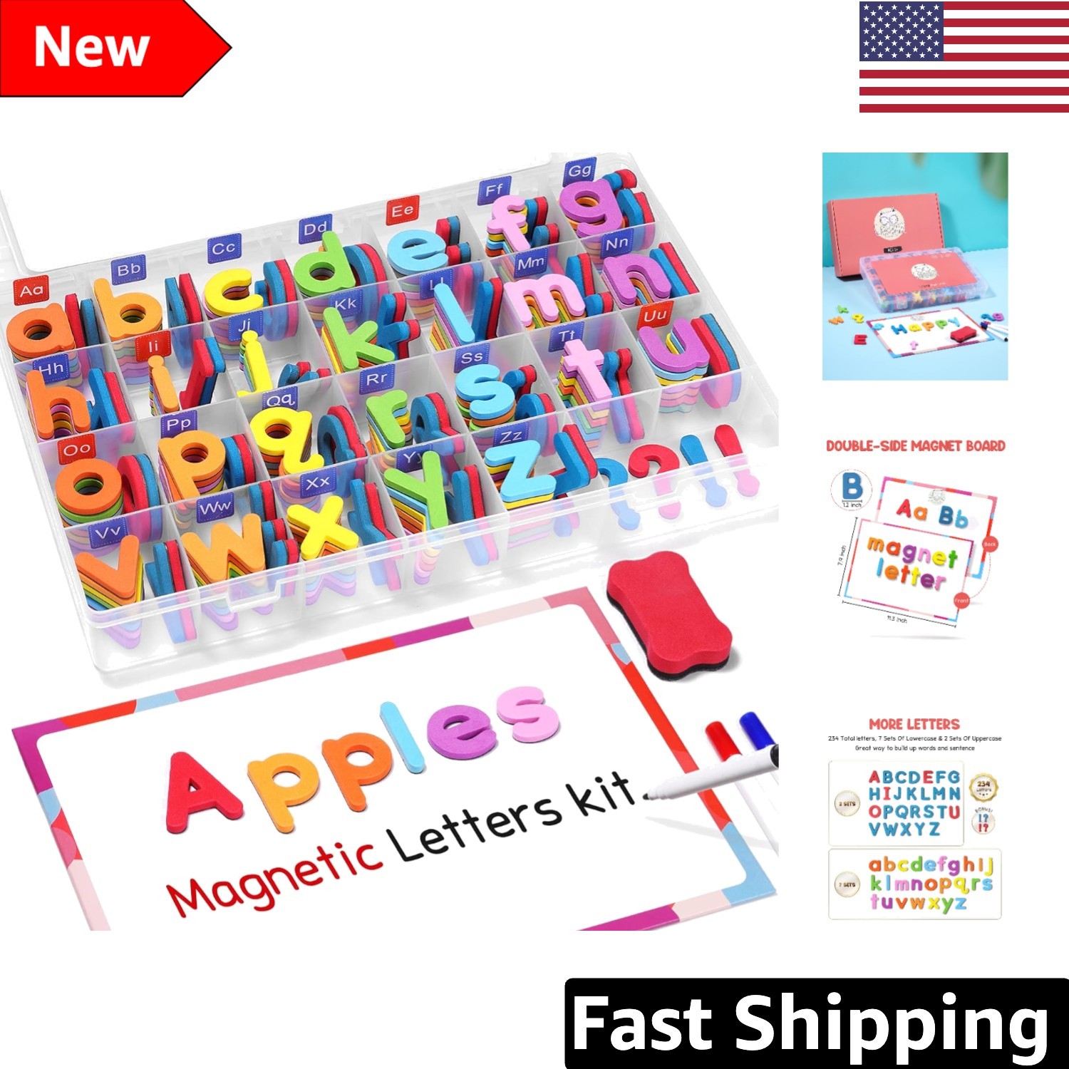 Double-Sided Magnetic Board with 238 Colorful Letters for Toddler Spelling Fun