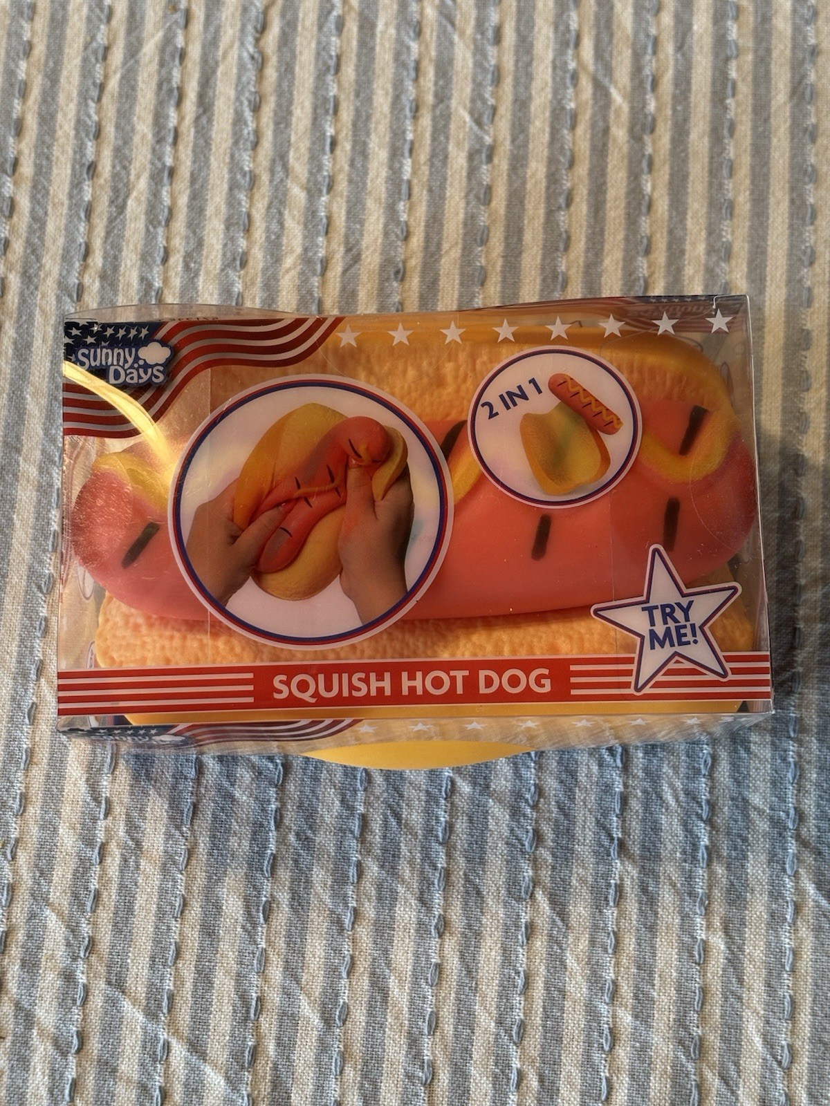 Sunny Days Squish Hot Dog 2-in-1 Tactile Squeeze Toy, Yellow/Orange/Read, New