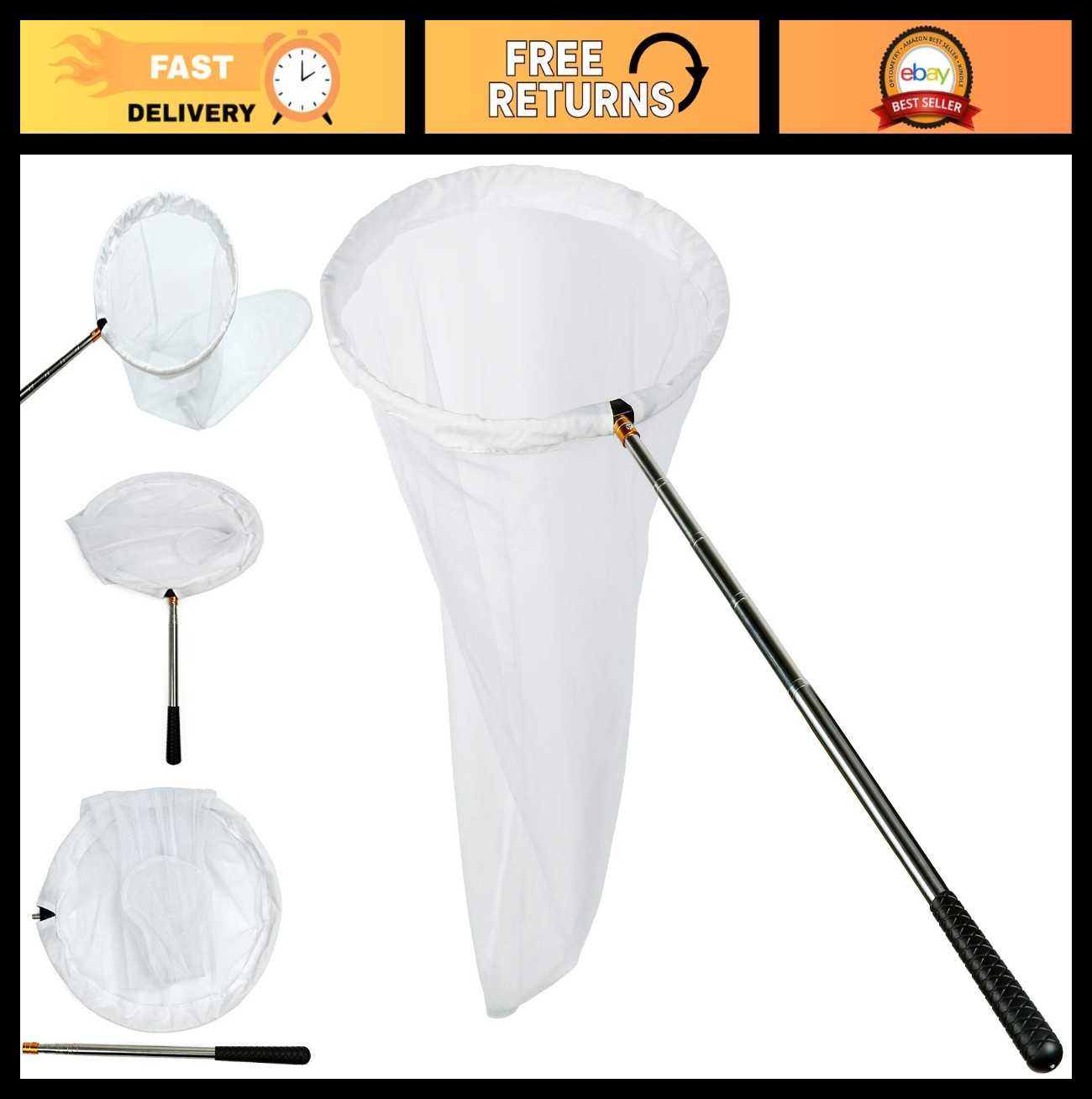 Insect & Butterfly Net – 12″ Ring, 24″ Depth, Extendable Handle 59″ – Catch & Ob