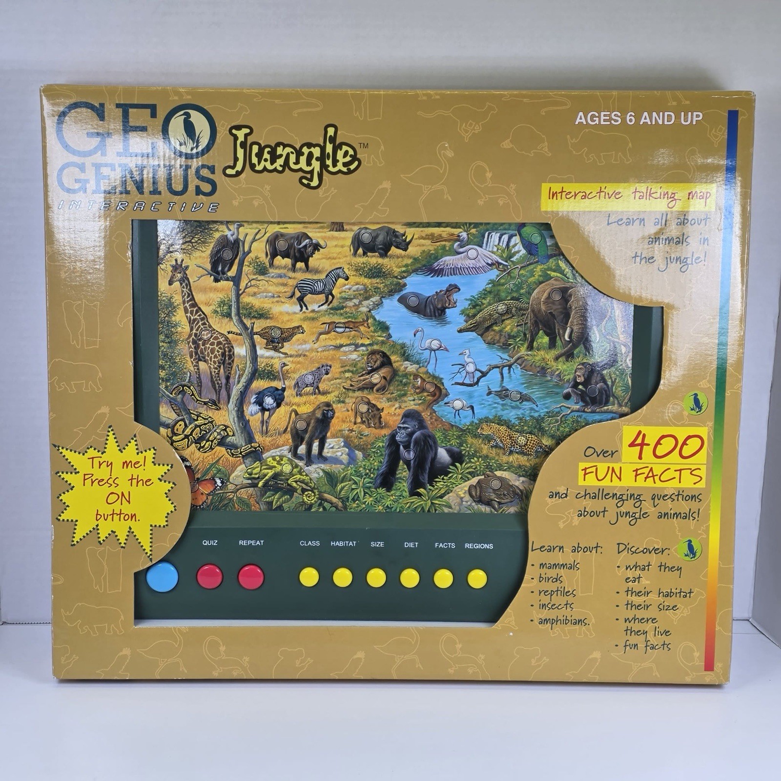 GEO GENIUS GREEN JUNGLE ANIMALS INTERACTIVE QUIZ TOY SOUND HABITAT FACTS 1998