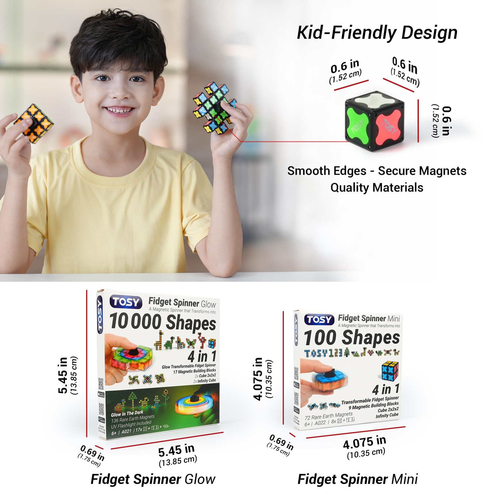 TOSY Magnet Fidget Spinner Glow – 16 Blocks, 3in1 Toy: Transformable Fidget Spin