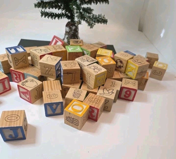 Craft Lot 60 Piece Childrens Wood Blocks Multicolor Alphabet/#s/Pictures READ