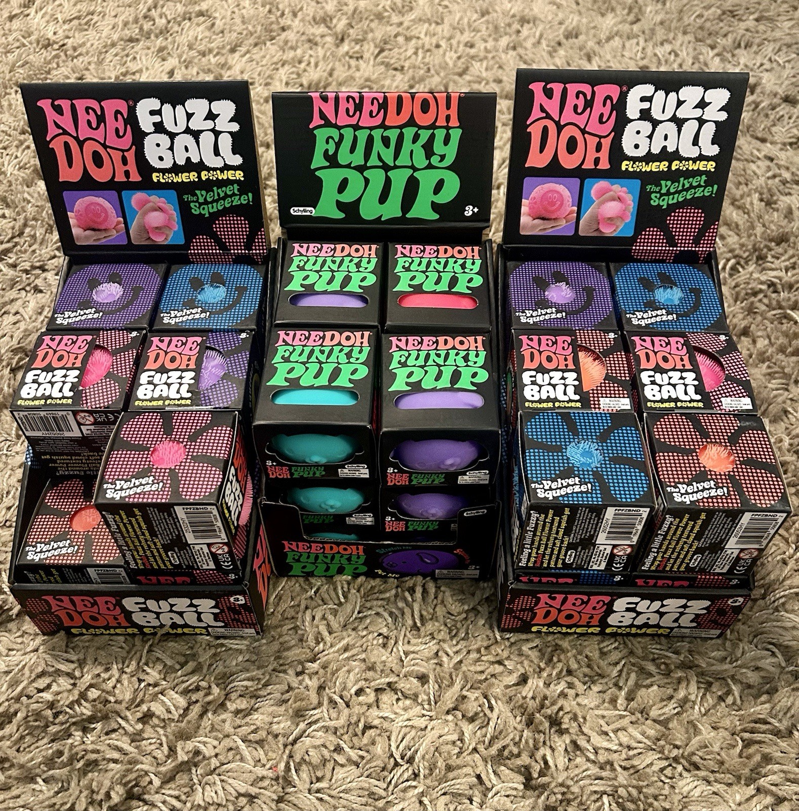 LOT of 35 NeeDoh 23 Fuzz Balls & 12 Funky Pups + Displays! Nee Doh!