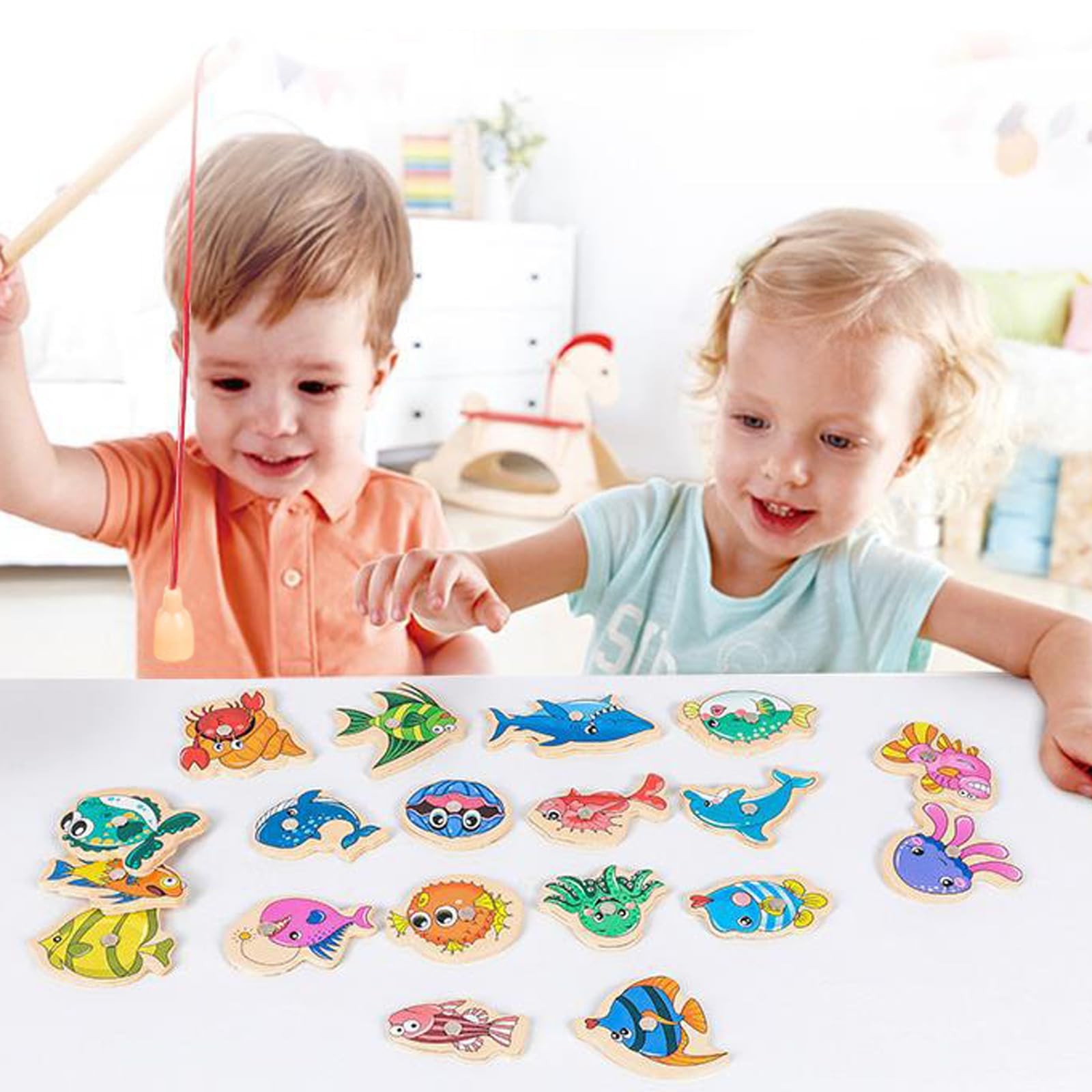 ONEST 34 Pieces Magnetic Fishing Game for 3x4x0.2 inches, Classic Marine Fish