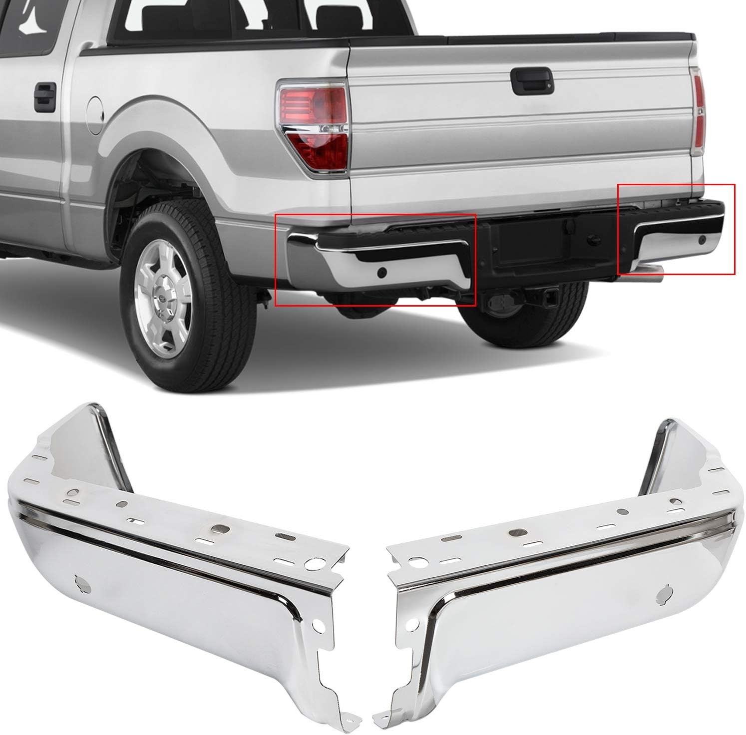 09-14 Ford F150 Lincoln Mark LT Chrome Rear Bumper End Caps Pair L&R Sensor Hole
