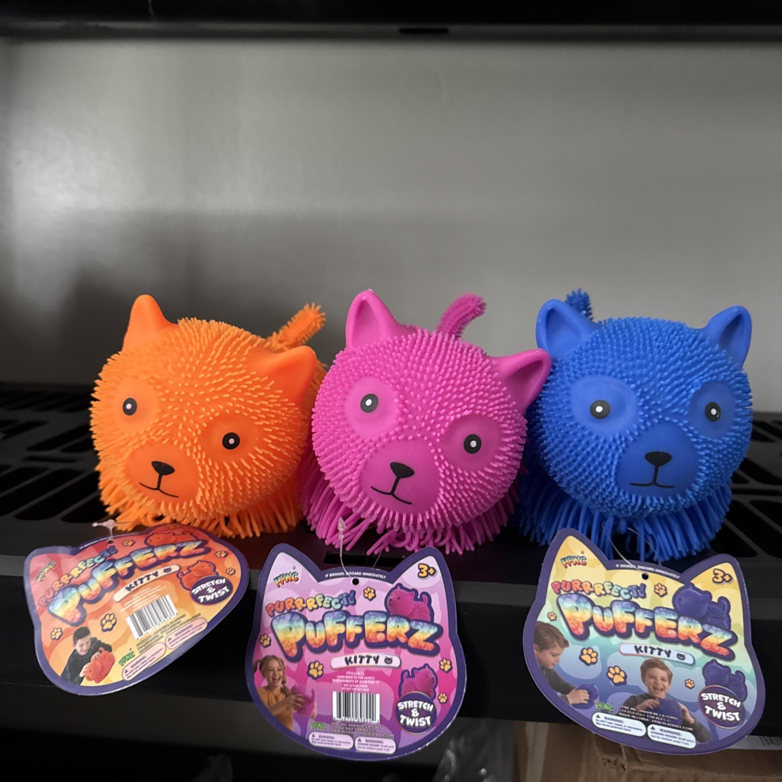 Pufferz Kitty Cat 7” Squishy Lot of 3 Orange, Pink, Blue. NEW. Same day ship