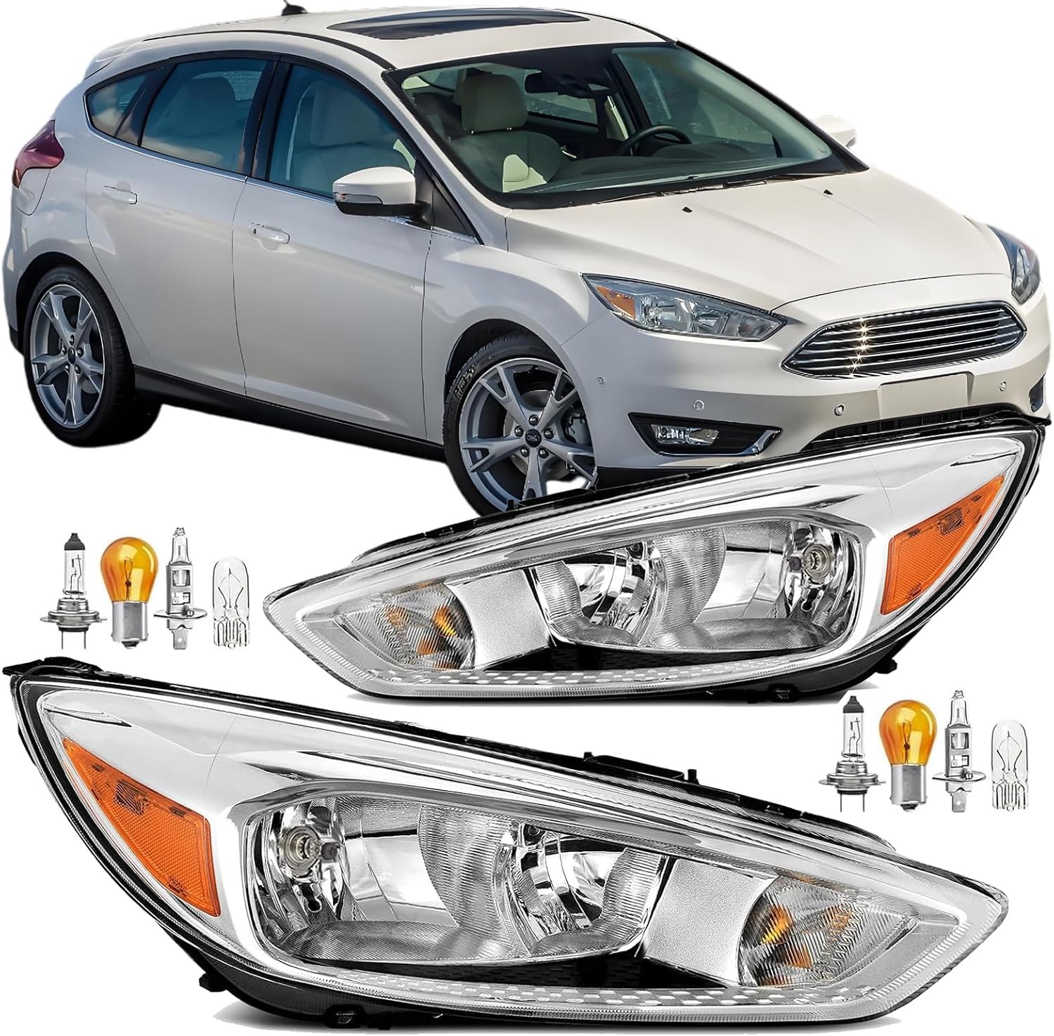 2PCS Headlight Assembly for Ford Focus 2015-2018 Halogen Chrome Amber Reflector