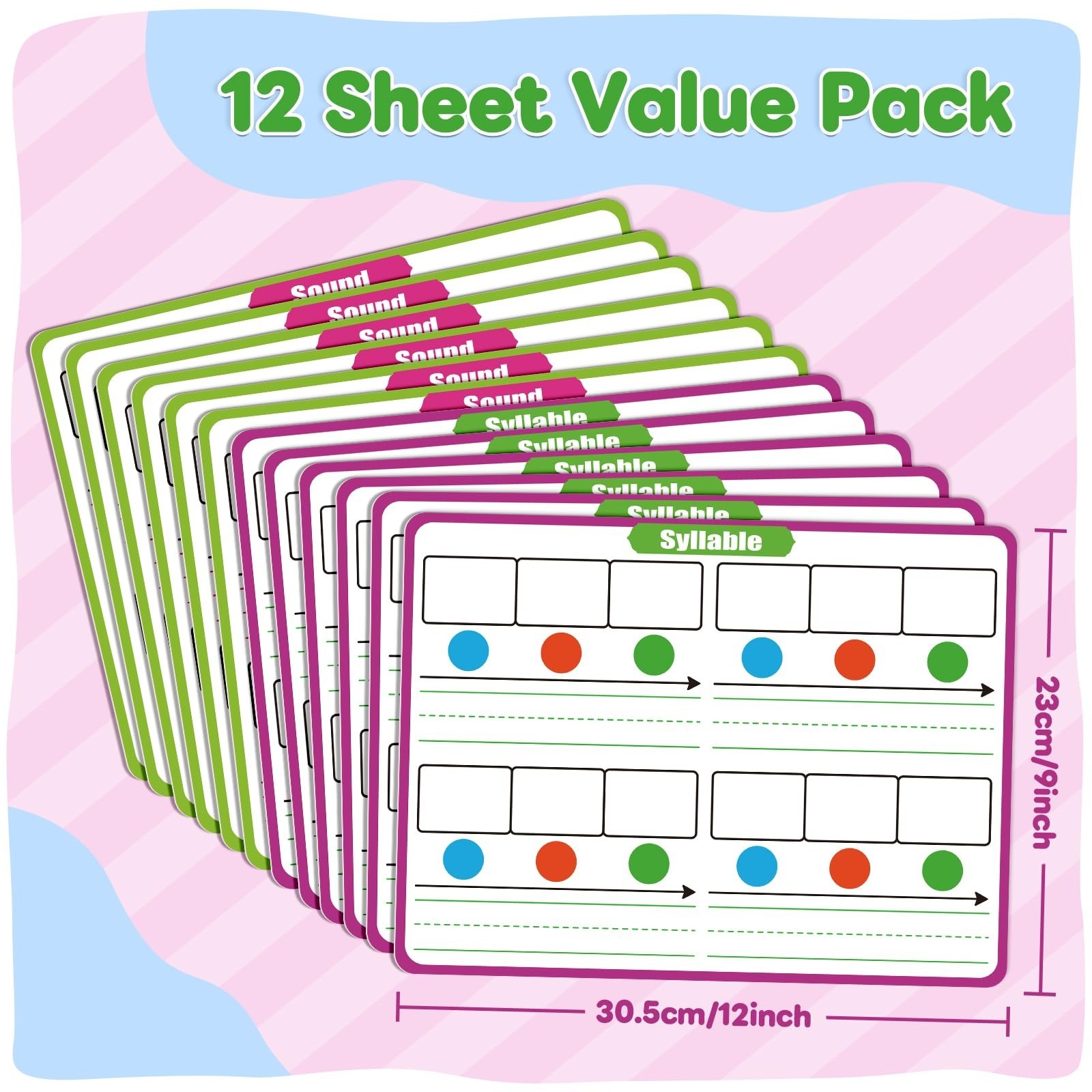 12 Pack Phonemic Awareness Dry Erase Card,9″ x 12″ Sound Syllable Speech Ther…