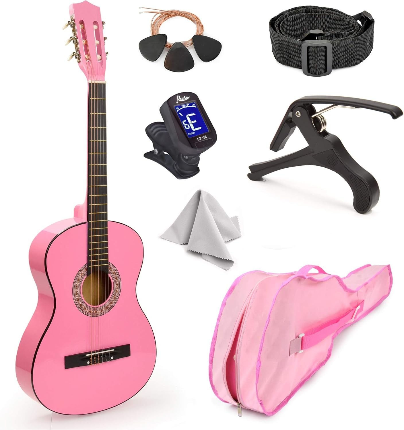 Kids 30″ Pink Classical Guitar – Complete Kit with Case, Picks, Tuner & Strings