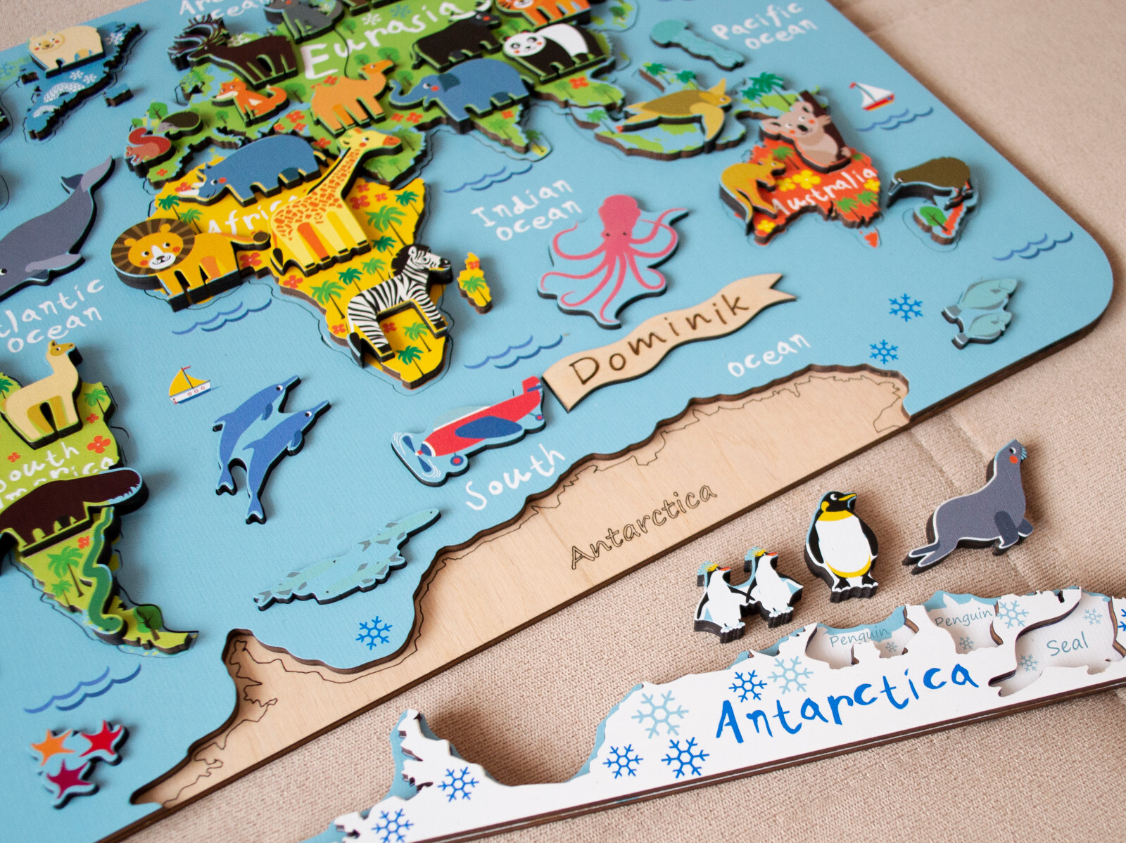 World Map with Animals Toy Puzzle Baby Gift Kids Wood