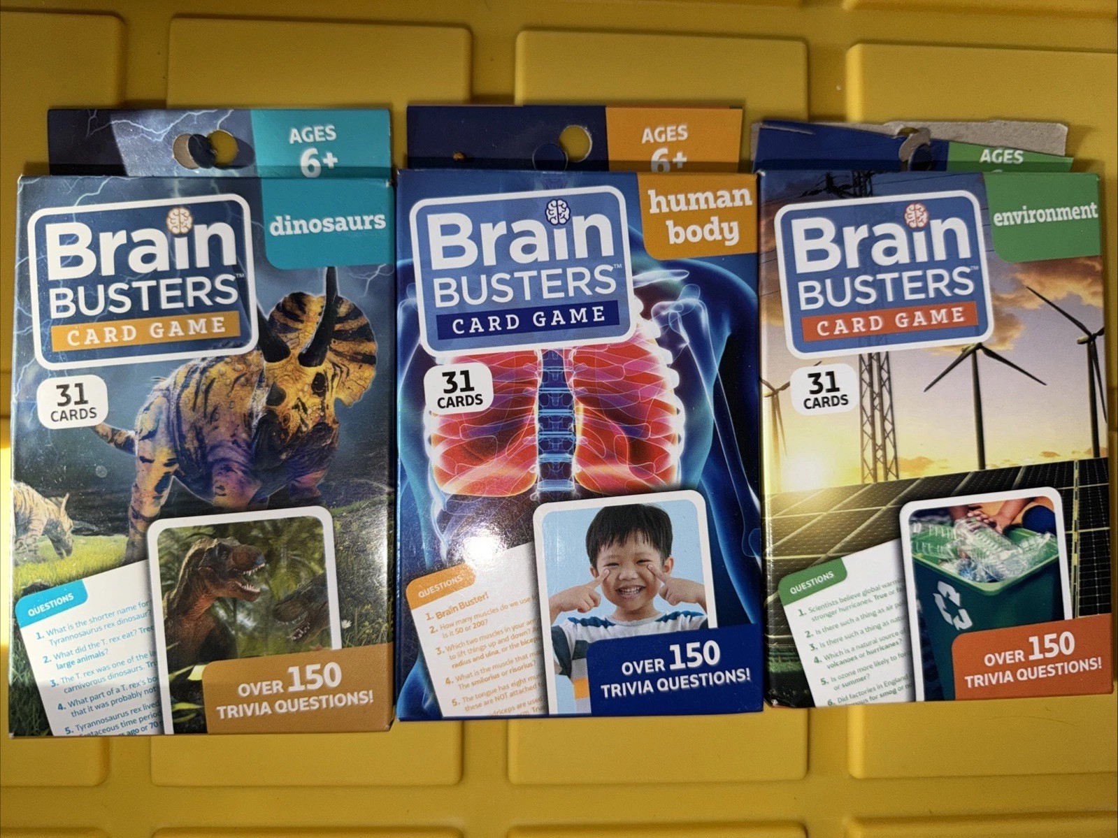Brain Busters Card Game Set Of 3 Ages 6+ Dinosaurs, Human Body, Environment