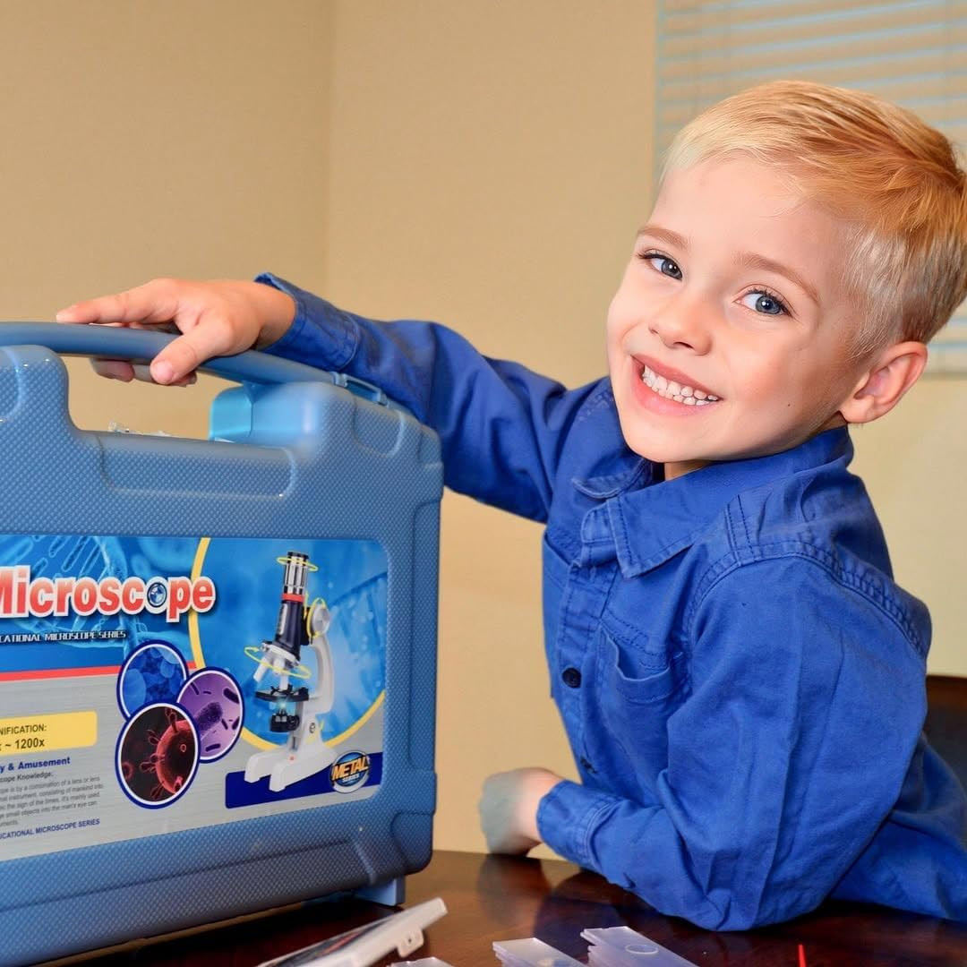 Kids Microscope Kit – 58 Pieces, 100X-1200X Magnification, LED Light