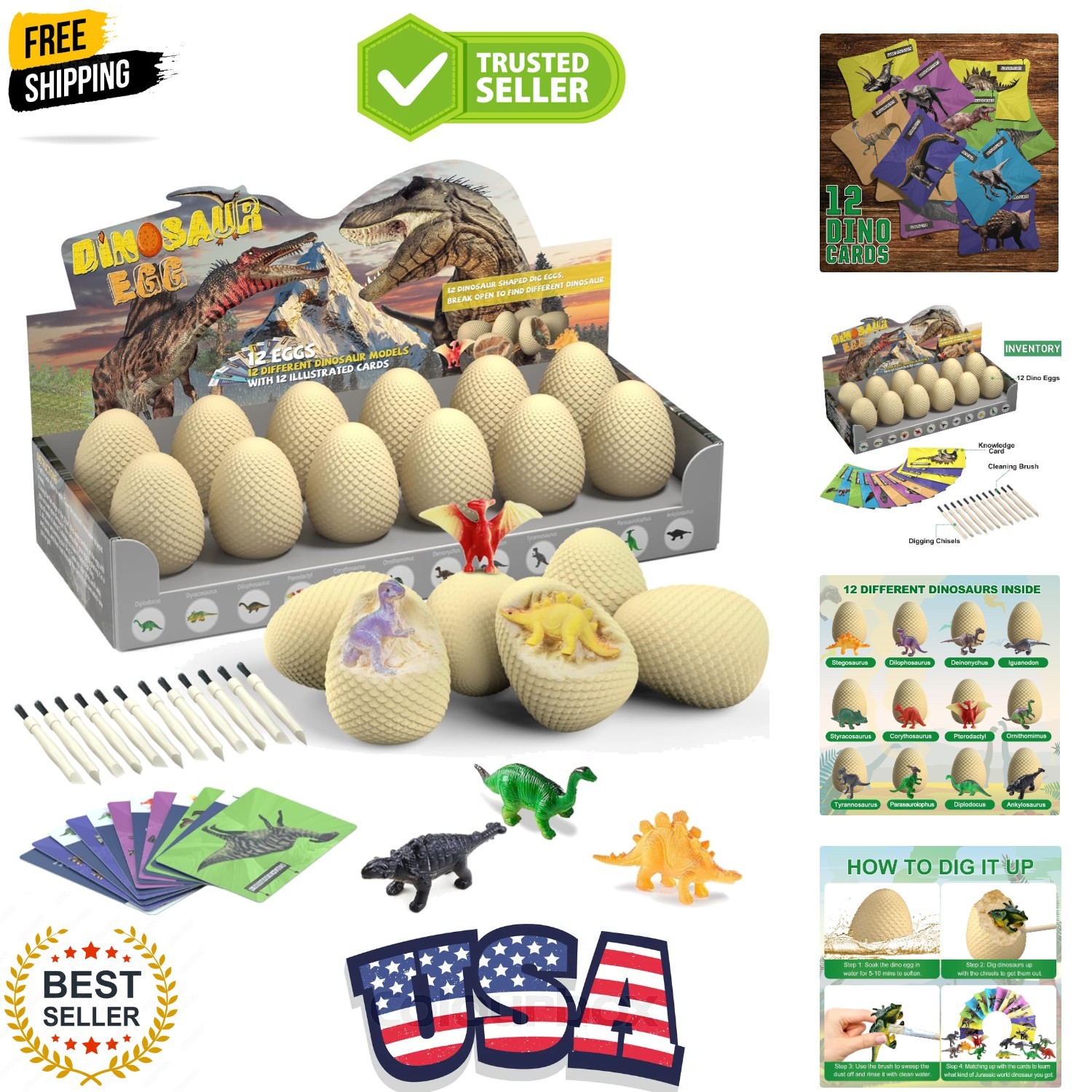 Dinosaur Eggs Excavation Dig Kit, 12 Dino Egg with 12 Cute Unique Dinosaurs I…