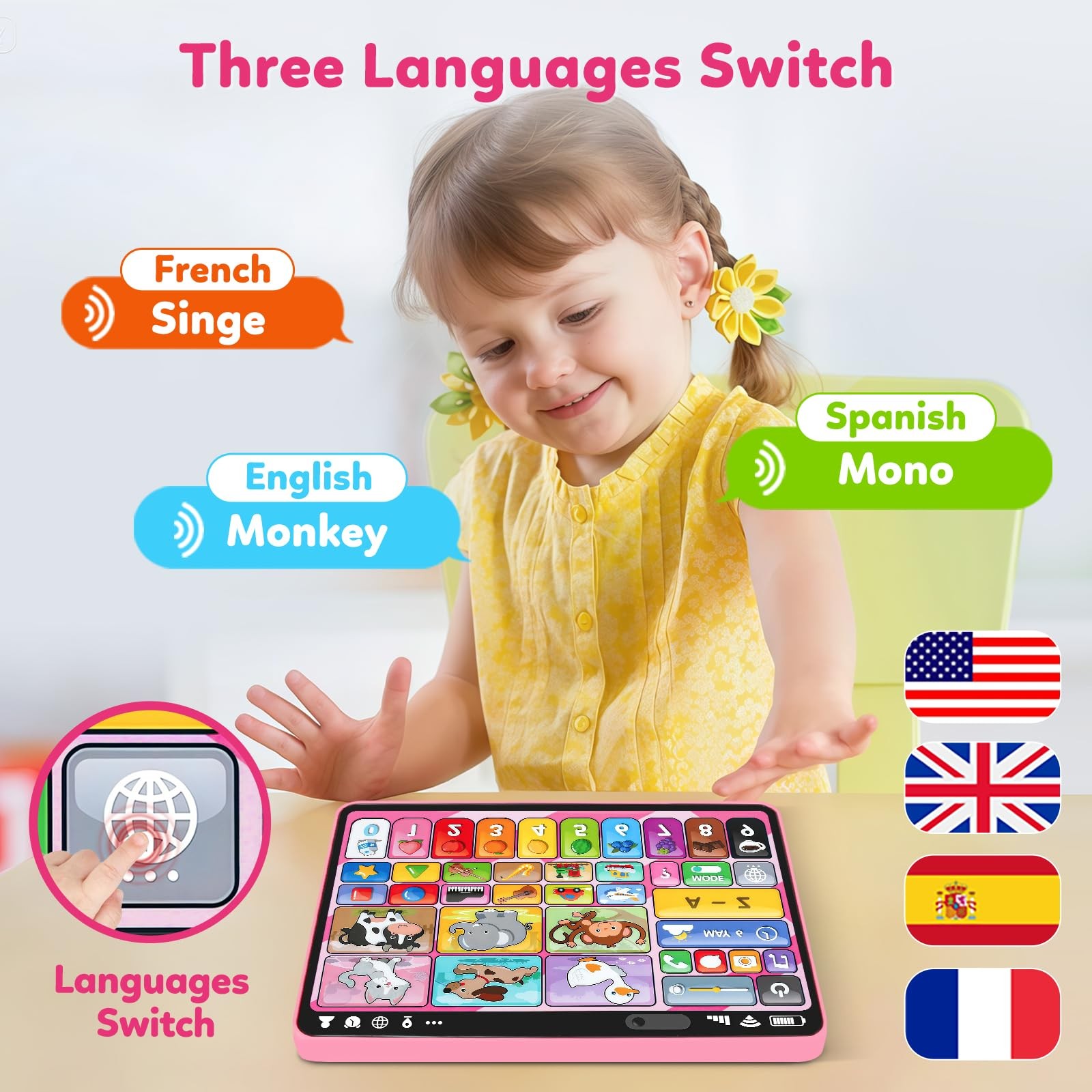 Trilingual Learning Toy Tablet with Music & Sound, Montessori Speech Musical …