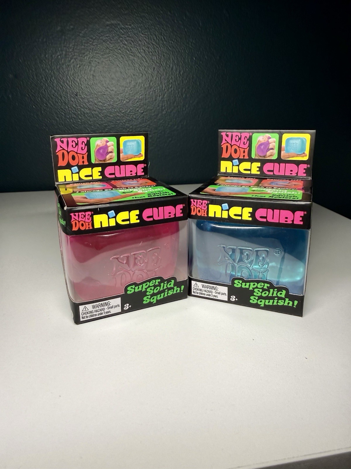Schylling Nee Doh Nice Cube Lot of 2 Super Solid Squish Toys Blue & Pink