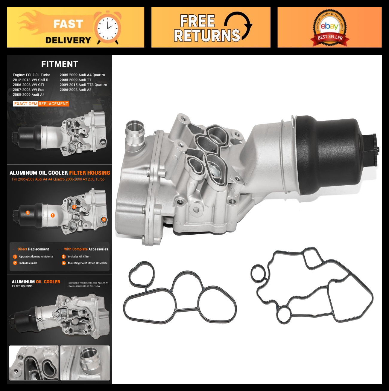 2.0L Aluminum Oil Coolant Filter Housing for VW Golf R, Audi A3, A4 – Replace 06