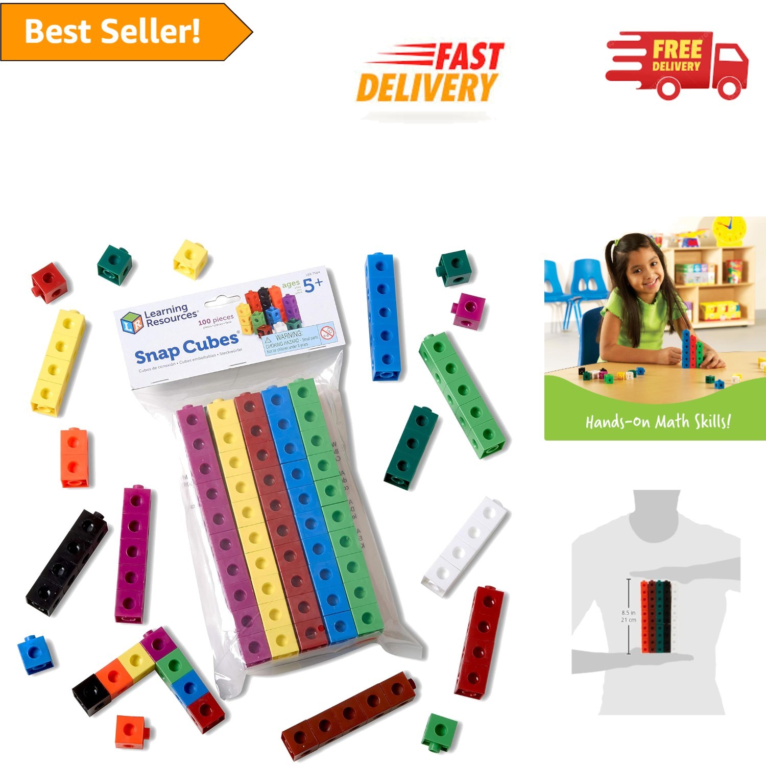 Snap Cubes: 100 Colorful Interlocking Cubes for Early Math & Motor Skills